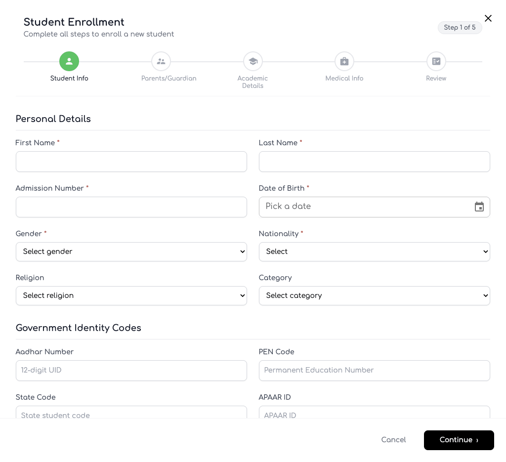 The student enrolment wizard: five steps from student info to review, with personal details and the Aadhaar, PEN, state code and APAAR ID fields.